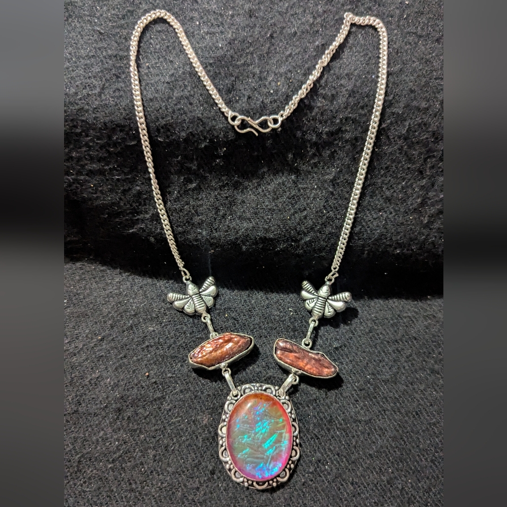 Silver Plated Pink Australian Triplet Opal Gemstone Biwa Pearl Statement Necklac